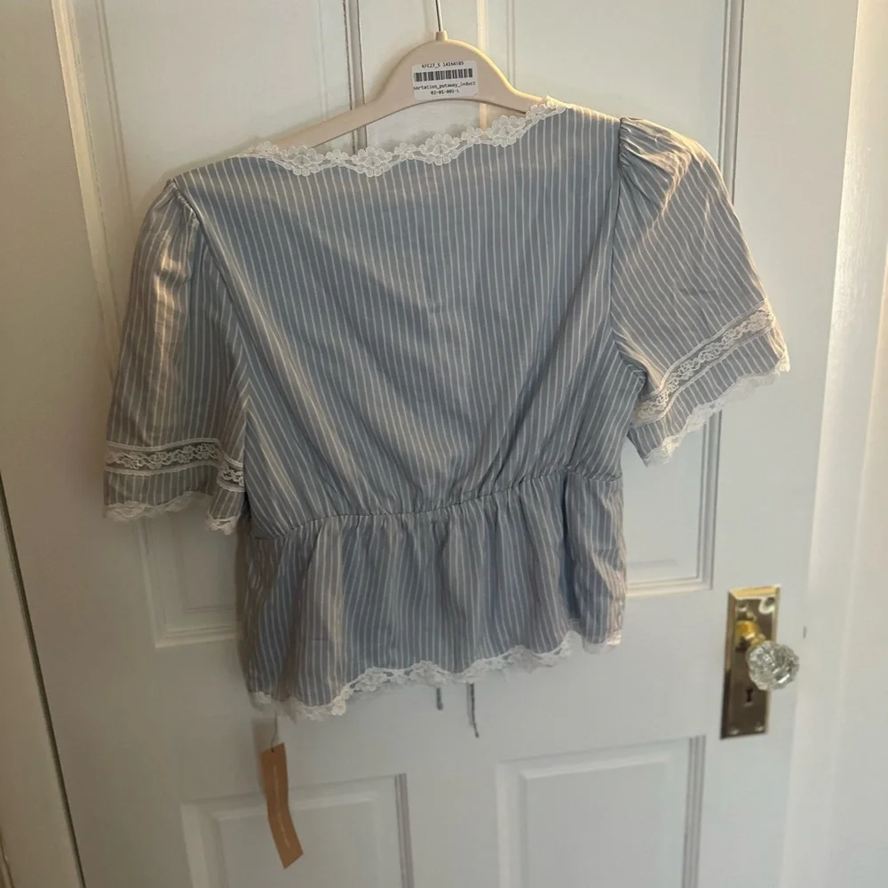 Reformation Light Blue & White Striped Lace-Trim Peplum Blouse